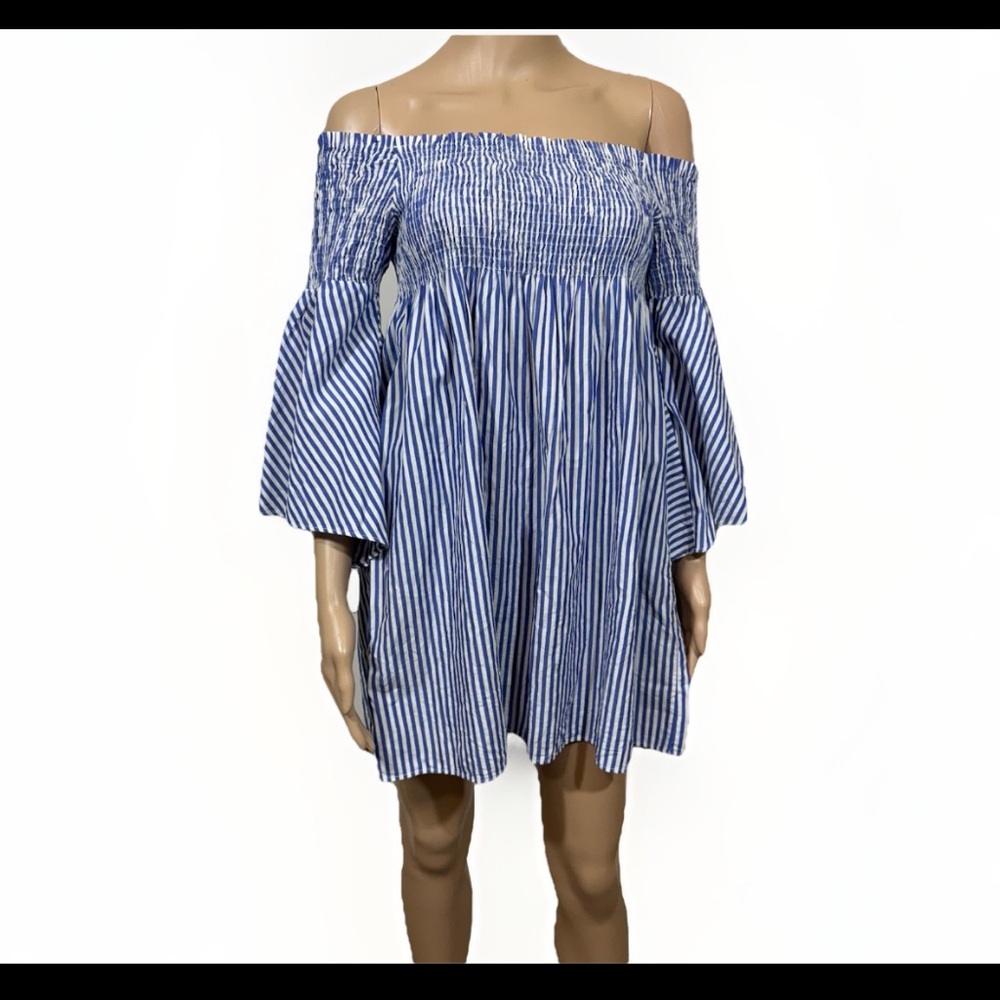 Zara Off Shoulder Bell Sleeve Striped Smocked Mini Dress Womens M Preppy - Picture 3 of 8